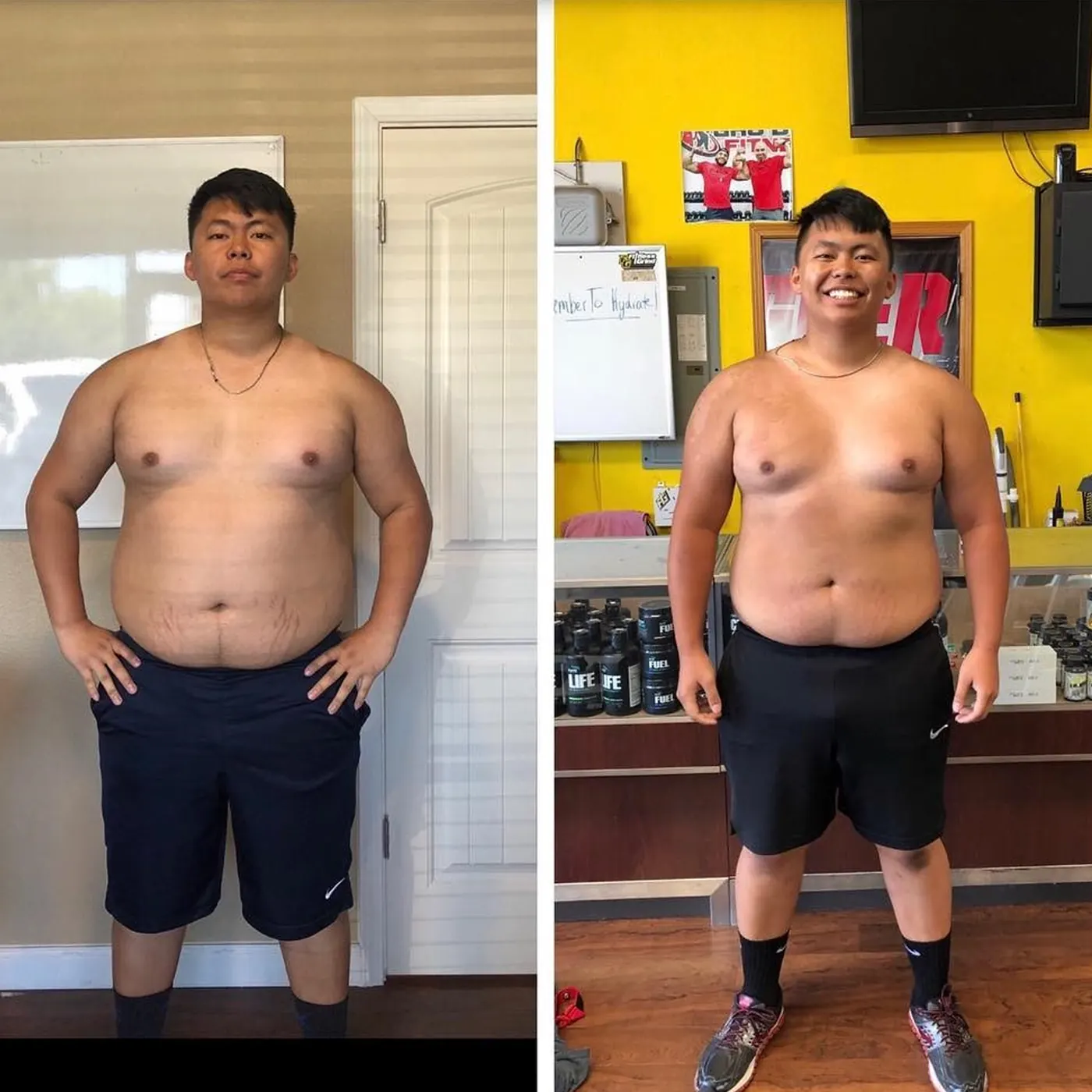Side-by-side before and after photos of a client standing in the same pose and lighting.