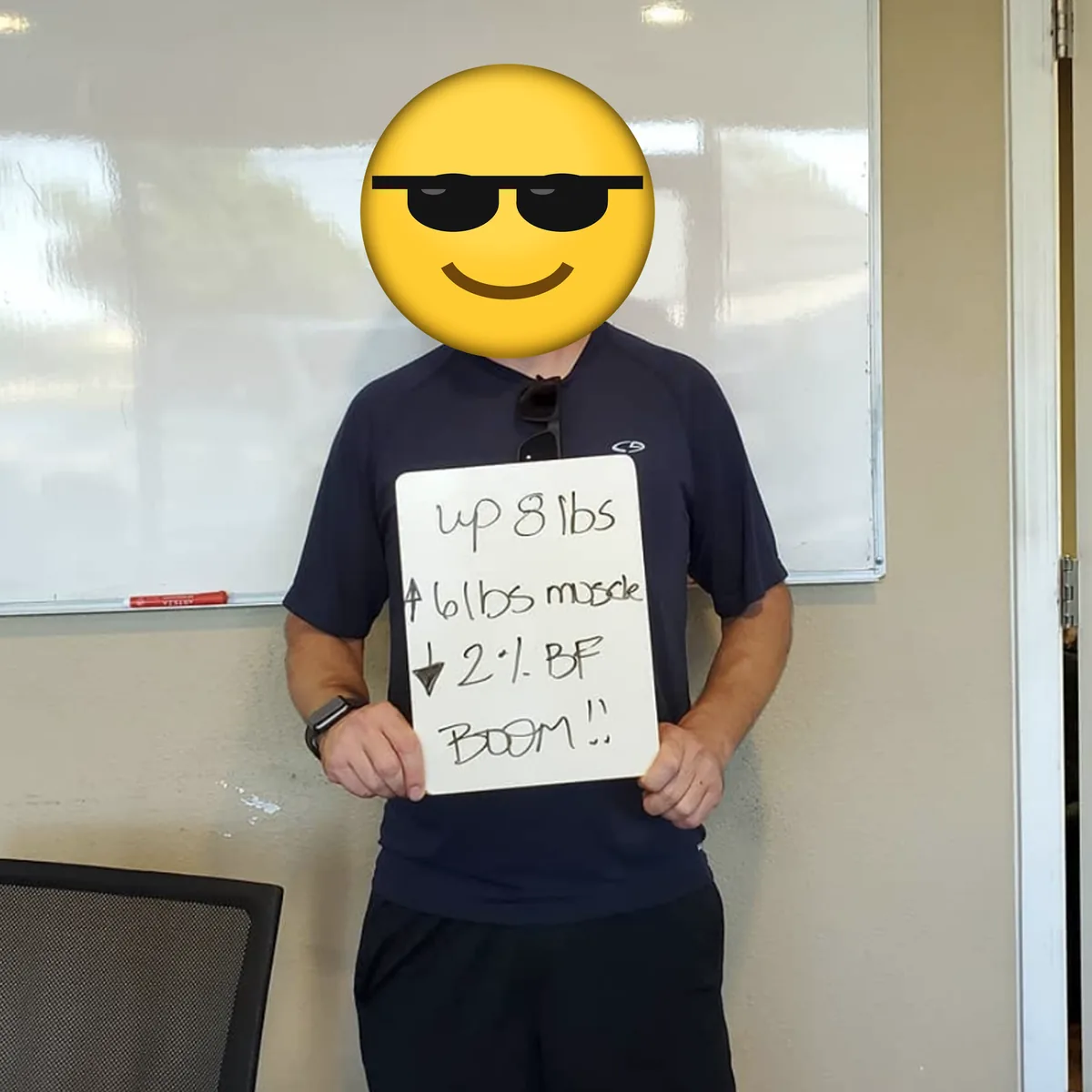 Client holding a whiteboard. Face covered with an emoji.